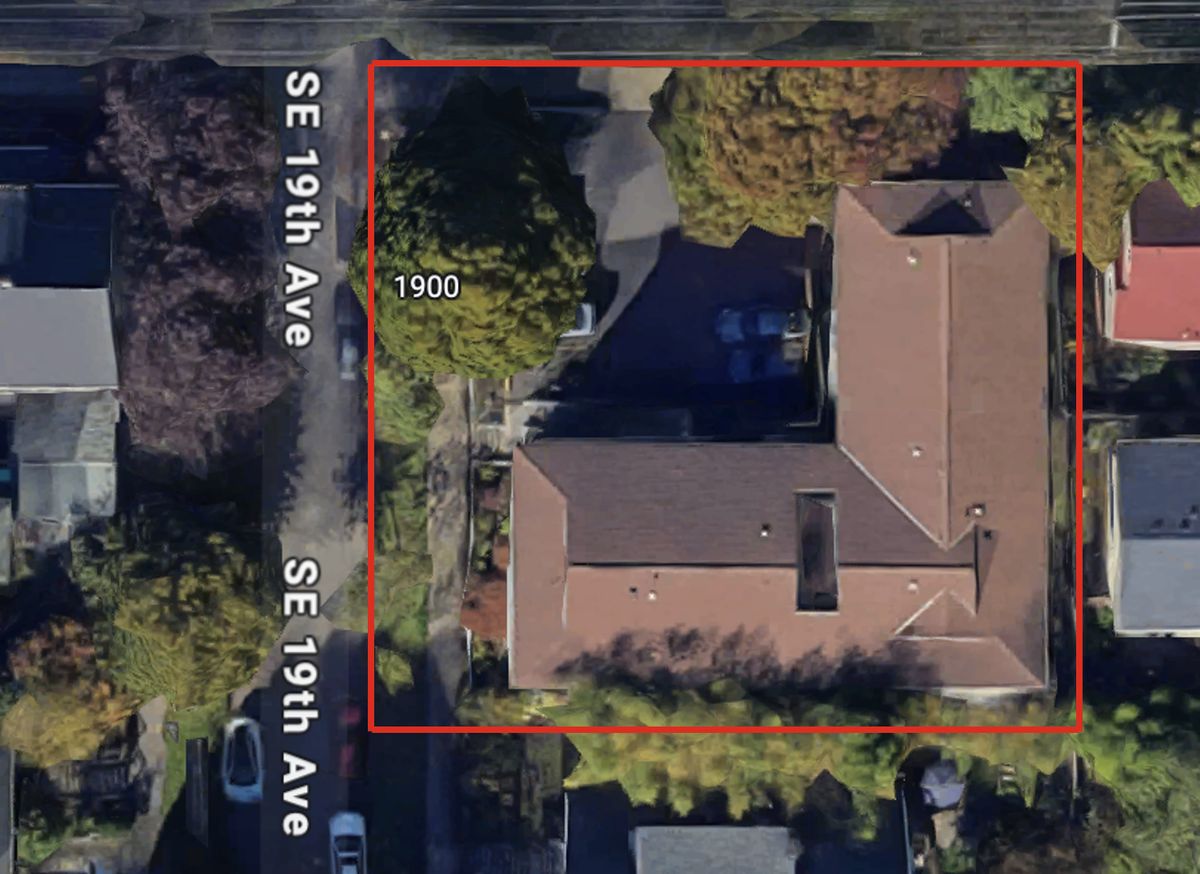 Aerial view of the Chateau Apartments lot at SE 19th Ave and Stark St