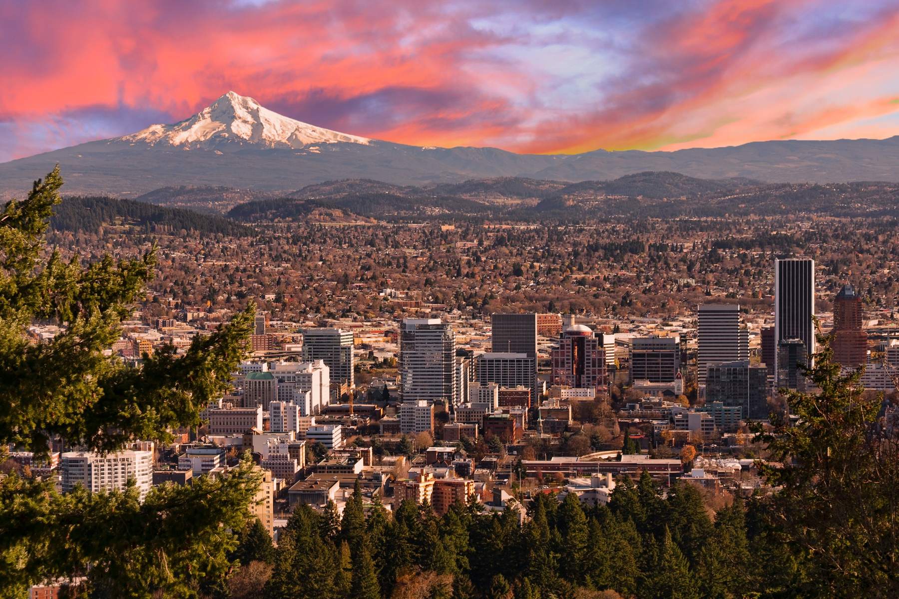 Downtown Portland with Mt. Hood at sunset
